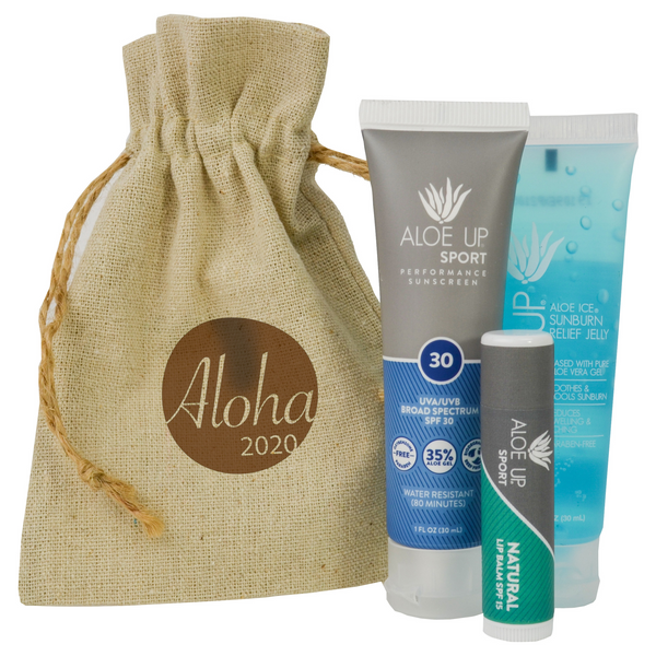 Small Linen Bag w/1oz SPF 30 lotion, Ice Gel & Sport Lip Ice SPF 15 (AALOE-LB1001)